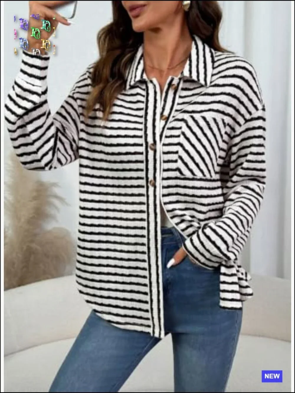 Casual Oversized Striped Shacket Jacket Long Sleeve Button Down Fall Coat - Picture 6 of 7